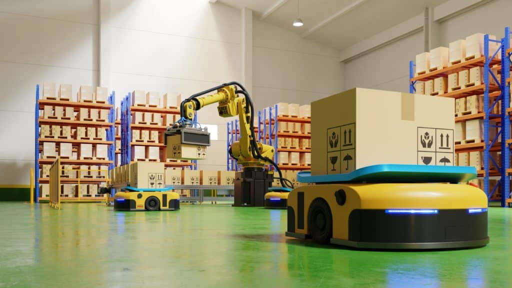 Factory Automation With Agv And Robotic Arm In Transportation To Increase Transport More With Safety.